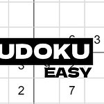 Et delvist udfyldt gitter med tal og teksten SUDOKU EASY i sorte bogstaver i midten