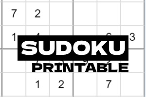 Sort-hvidt Sudoku-gitter med tal og teksten Sudoku Printable over