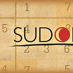 Tekst SUDOKU med en rød cirkel over et baggrund af et ternet gitter med tal