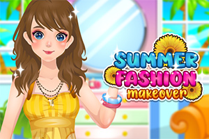 En tegneseriefigur med langt brunt hår i en gul sommerkjole står foran et spejl i et farverigt værelse med teksten Summer Fashion Makeover ved siden af
