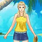 En animeret pige i en gul top og blå nederdel står på en tropisk strand med palmer og en hytte i baggrunden