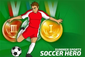 En tegning af en fodboldspiller i rødt og hvidt, der sparker en bold foran medaljer med romertal og teksten Summer Sports Soccer Hero på en grøn baggrund