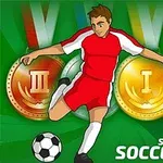En tegning af en fodboldspiller i rødt og hvidt, der sparker en bold foran medaljer med romertal og teksten Summer Sports Soccer Hero på en grøn baggrund