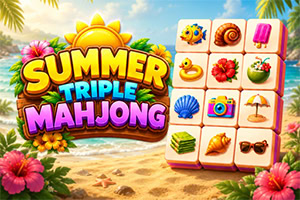Farverigt tropisk motiv med mahjongbrikker, sol, palmer, hibiscusblomster og strandbaggrund
