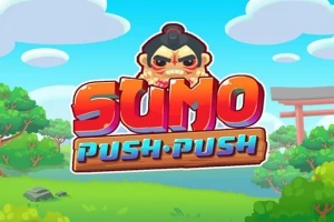Sumo-karakter i midten med teksten Sumo Push Push over en farverig landskab baggrund med træer og blå himmel