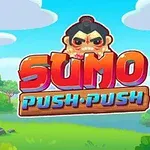 Sumo-karakter i midten med teksten Sumo Push Push over en farverig landskab baggrund med træer og blå himmel