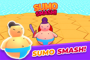 To an animerede sumobrydere med blå og pink bælter står på en orange arena med vand i baggrunden, og teksten SUMO SMASH!