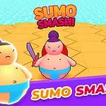 To an animerede sumobrydere med blå og pink bælter står på en orange arena med vand i baggrunden, og teksten SUMO SMASH!