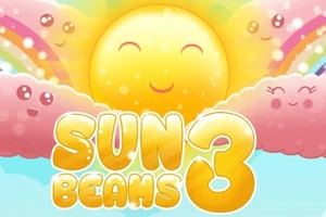 Smilende sol med ansigt omgivet af lyserøde skyer og regnbuer, med teksten Sun Beams 3 i gyldne bogstaver