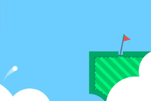 En golfbold i luften nærmer sig en platform med en rød flagstang, omgivet af skyer med en blå himmel som baggrund
