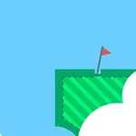 En golfbold i luften nærmer sig en platform med en rød flagstang, omgivet af skyer med en blå himmel som baggrund