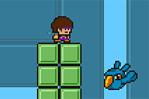 Pixelart-figur står på grønne blokke, mens en blå fugl flyver forbi i baggrunden