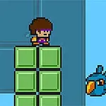 Pixelart-figur står på grønne blokke, mens en blå fugl flyver forbi i baggrunden