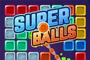 Farverigt gitter af firkantede blokke med teksten SUPER BALLS i midten og et skydeskive-motiv