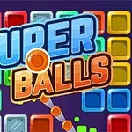 Farverigt gitter af firkantede blokke med teksten SUPER BALLS i midten og et skydeskive-motiv