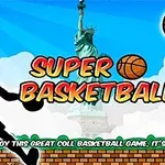 Silhuet af en basketballspiller kaster en bold mod en kurv med Frihedsgudinden i baggrunden og teksten Super Basketball i midten