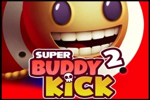 Et stort smilende ansigt med store tænder og teksten Super Buddy Kick 2 i farverige bogstaver på en rød baggrund