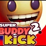 Et stort smilende ansigt med store tænder og teksten Super Buddy Kick 2 i farverige bogstaver på en rød baggrund