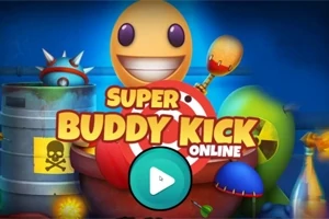 En glad, gul karakter med store øjne omgivet af forskellige farverige genstande og teksten Super Buddy Kick Online