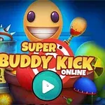 En glad, gul karakter med store øjne omgivet af forskellige farverige genstande og teksten Super Buddy Kick Online