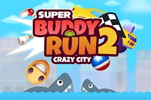 Tekst med ordene Super Buddy Run 2 Crazy City omgivet af farverige ikoner som en skildpadde, fodbold, hjelme og hajfinner mod en blå baggrund