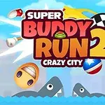Tekst med ordene Super Buddy Run 2 Crazy City omgivet af farverige ikoner som en skildpadde, fodbold, hjelme og hajfinner mod en blå baggrund