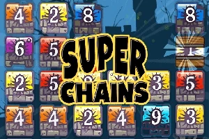 Farverige nummererede blokke arrangeret i et gitter med teksten Super Chains i midten