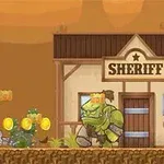 En cowboystil karakter skyder på monstre foran en sheriffbygning, omgivet af mønter og et ørkenlandskab