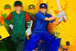 Flere tegneseriefigurer i farverige cricket-uniformer med hjelme og bats, omgivet af stænk af maling på en lys baggrund