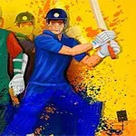 Flere tegneseriefigurer i farverige cricket-uniformer med hjelme og bats, omgivet af stænk af maling på en lys baggrund