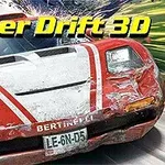 Super Drift 3D Rød sportsvogn i høj fart med gule Super Drift 3D bogstaver øverst