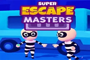 To animationsfigurer i sort-hvide stribede dragter står foran en blå lastbil med teksten Super Escape Masters ovenfor
