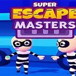 To animationsfigurer i sort-hvide stribede dragter står foran en blå lastbil med teksten Super Escape Masters ovenfor