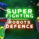Farverige robotter og rumvæsener i kamp mod hinanden i rummet med teksten Super Fighting Robots Defence i midten