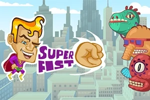 En tegneserielignende superhelt i lilla kappe og guldrødt hår står foran teksten Super Fist og en kæmpende næve i en bybaggrund, mens han konfronterer tre farverige monster ansigter