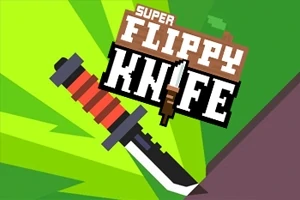 En tegneseriestil illustration af en kniv med rødt og sort skæfte på en grøn baggrund med teksten Super Flippy Knife øverst