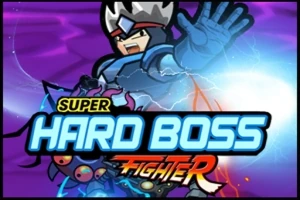 En animeret figur i rustning står klar til kamp mod en farverig fjende, med teksten Super Hard Boss Fighter i forgrunden på en lilla baggrund