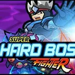 En animeret figur i rustning står klar til kamp mod en farverig fjende, med teksten Super Hard Boss Fighter i forgrunden på en lilla baggrund