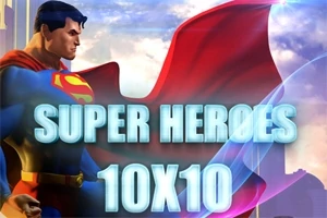 Mand i blåt og rødt kostume med kappe ved siden af teksten SUPER HEROES 10X10 mod en himmelbaggrund