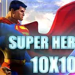 Mand i blåt og rødt kostume med kappe ved siden af teksten SUPER HEROES 10X10 mod en himmelbaggrund
