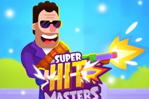 Mand med mørke solbriller og lilla dragt skyder en farverig laserpistol ved siden af teksten Super Hit Masters i en tegnefilmsstil