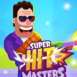 Mand med mørke solbriller og lilla dragt skyder en farverig laserpistol ved siden af teksten Super Hit Masters i en tegnefilmsstil