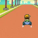 Pixel-grafik af en person i en gokart kørende ned ad en vej med træer på begge sider