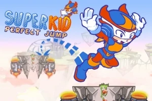 En tegneseriefigur i blåt og orange superhelteoutfit springer mellem platforme i en fantasifuld himmelsk verden