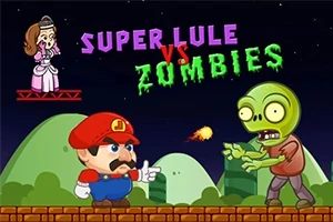 Tegneseriefigur i rød kasket skyder ildkugle mod zombie på en nattehimmelbaggrund, med en kvinde i lyserød kjole på en platform ovenover