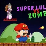 Tegneseriefigur i rød kasket skyder ildkugle mod zombie på en nattehimmelbaggrund, med en kvinde i lyserød kjole på en platform ovenover