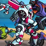 En robot i hvid og lilla rustning med et sværd står klar til kamp mod en anden stor, mekanisk væsen, mens en lille grønt robotlignende væsen kigger på i baggrunden