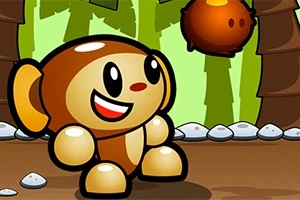 Tegneserieabe med et stort smil kigger op mod et svævende objekt i en farverig junglebaggrund