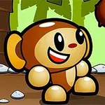 Tegneserieabe med et stort smil kigger op mod et svævende objekt i en farverig junglebaggrund