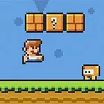 En pixelart-karakter springer ved siden af en guldfirkant med en spørgsmålstegn på, foran et landskab med grønne platforme og en busk